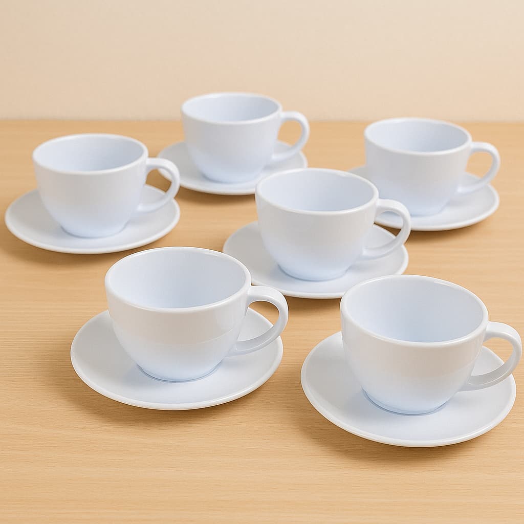 JOGO DE XÍCARAS COM PIRES 24 PEÇAS - 12 PIRES - 12 XÍCARAS 200ML ACRÍLICO COR BRANCO PARA CHÁ/CAFÉ