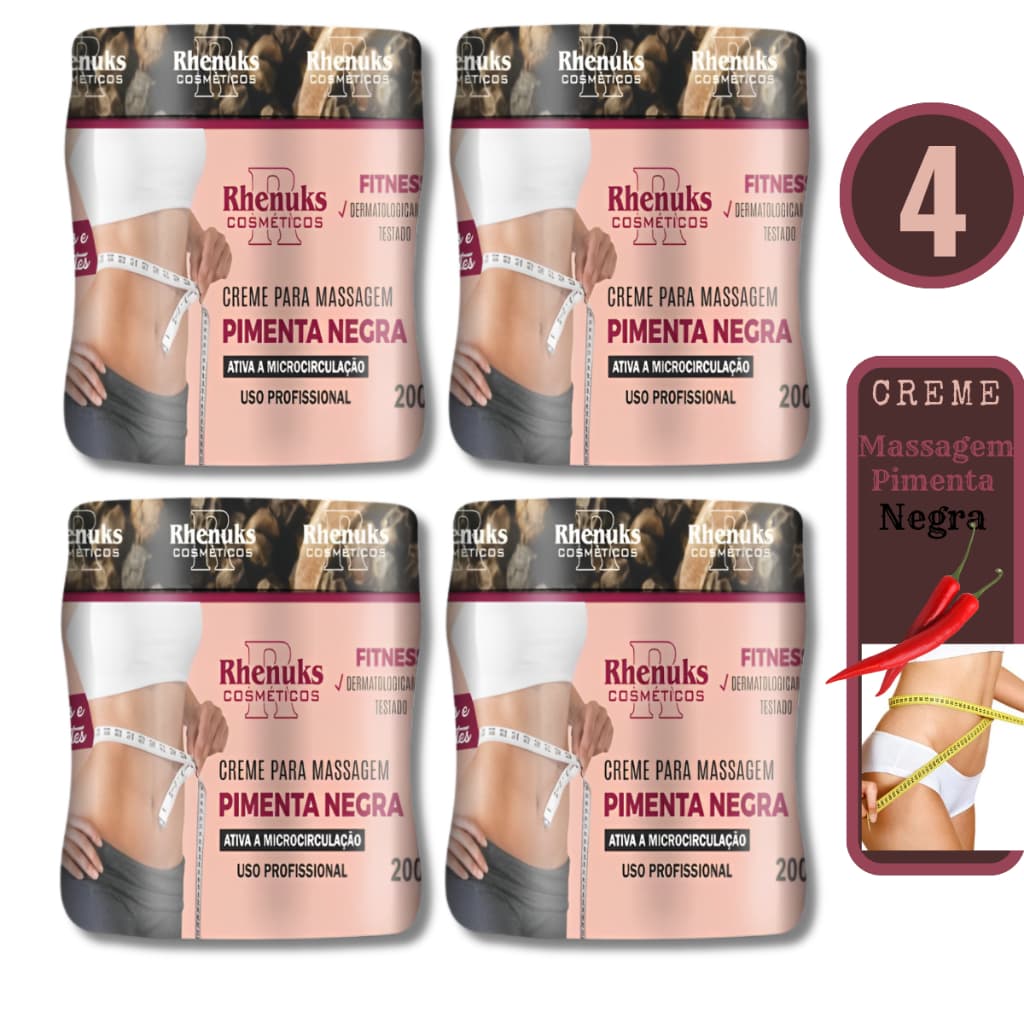 Kit 4 Creme PIMENTA NEGRA Redutor de Medidas 200g Rhenuks Cosméticos