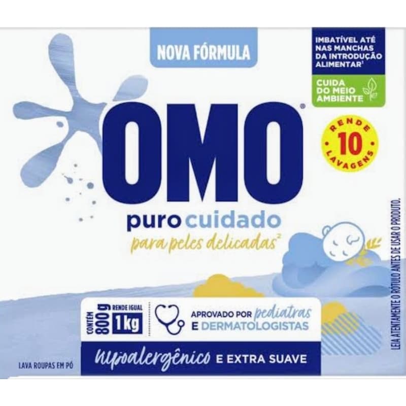 OMO Sabão em Pó Puro Cuidado 800g Lava Roupas Bebê Hipoalergênico