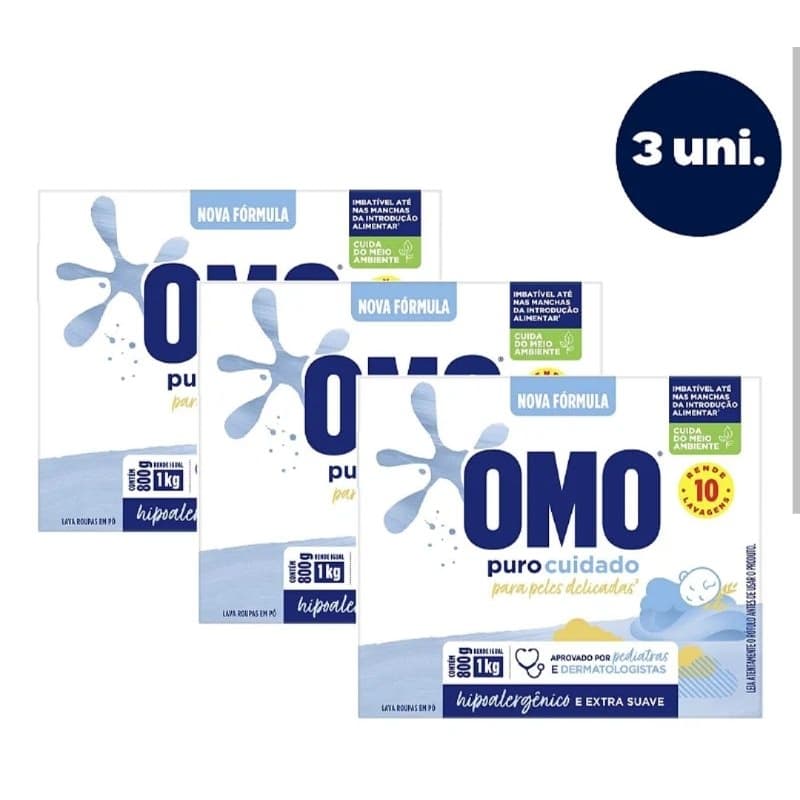 Sabão em Pó OMO Puro cuidado Bebê Hipoalergênico 800g kit com 3 uni