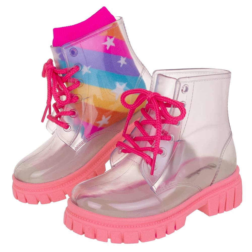 Coturno Infantil Transparente + Meia Listrada Colorido Tratorada Bota Cadarço LueLua Galocha nº 21 ao 32 Menina