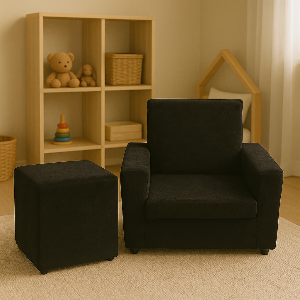 Kit Mini Sofa Infantil Poltroninha e Mini Pufe Puff Infantil Quadrado Para Criança Conforto Macio Leve