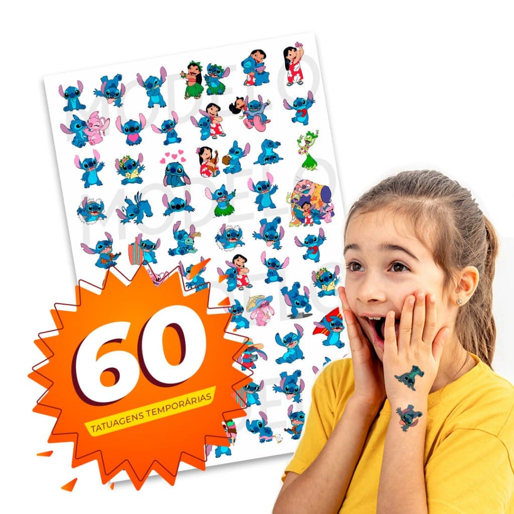60 Tatuagens Temporária Infantil Stitch 20x28cm