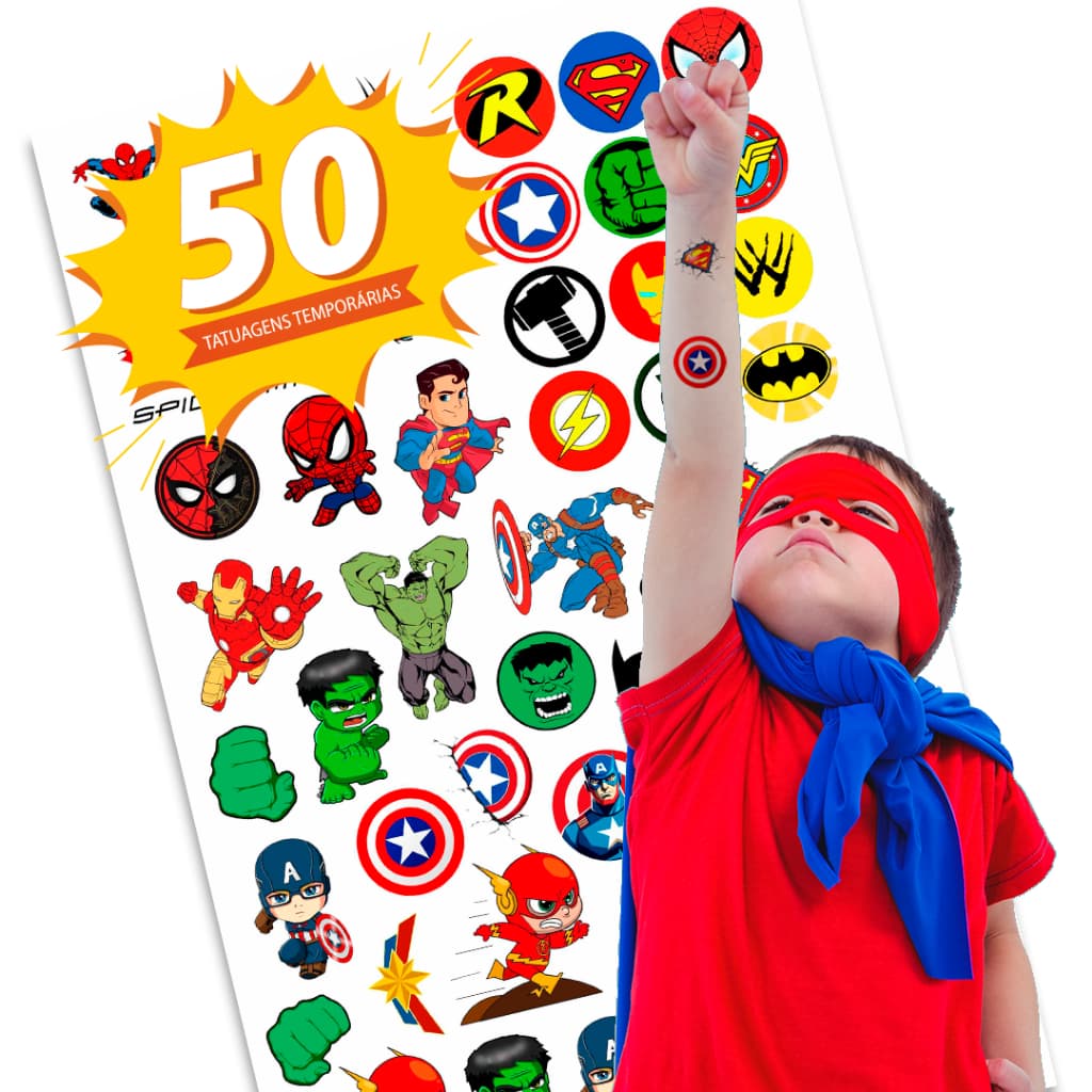 50 Tatuagens Temporária Heróis 20x28cm