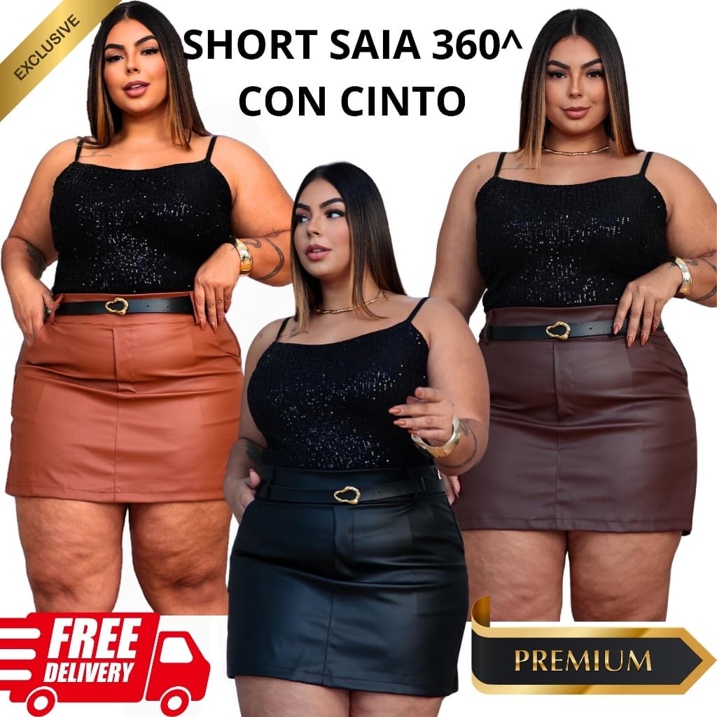 Short Saia Plus Size Feminino Couro Com Cinto Casual Saia 360