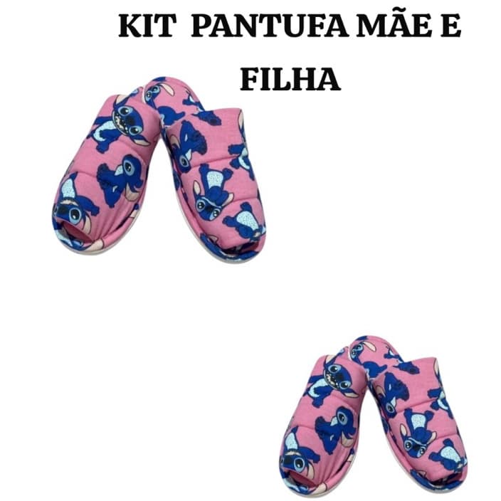 Kit Pantufa Mãe e Filha Stitch Chinelinho de Dormir Estampas Fofas Desenho Pantufa Rosa de Quarto Fofa