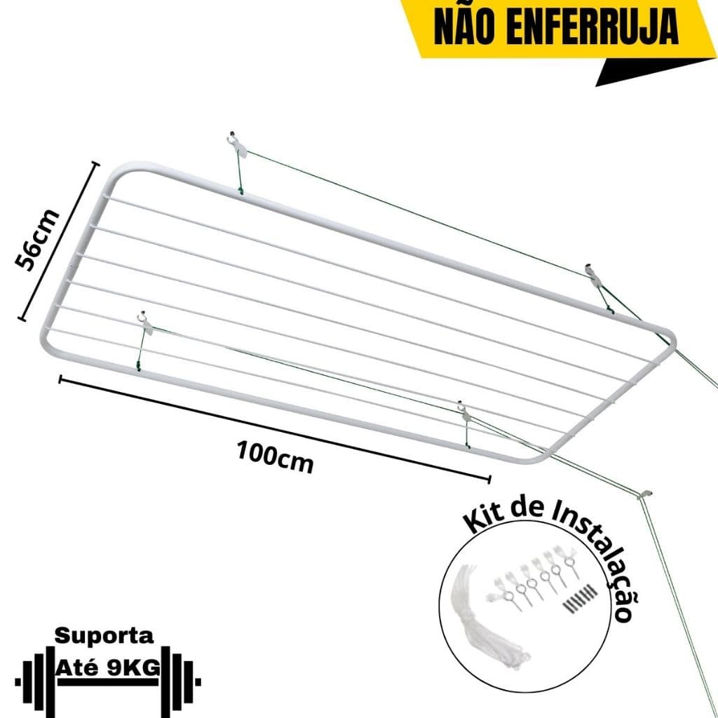 Varal de Teto Aço 13g Resistente 1M Com Kit De Instalação Ideal Para Apartamentos Casa Lavanderia