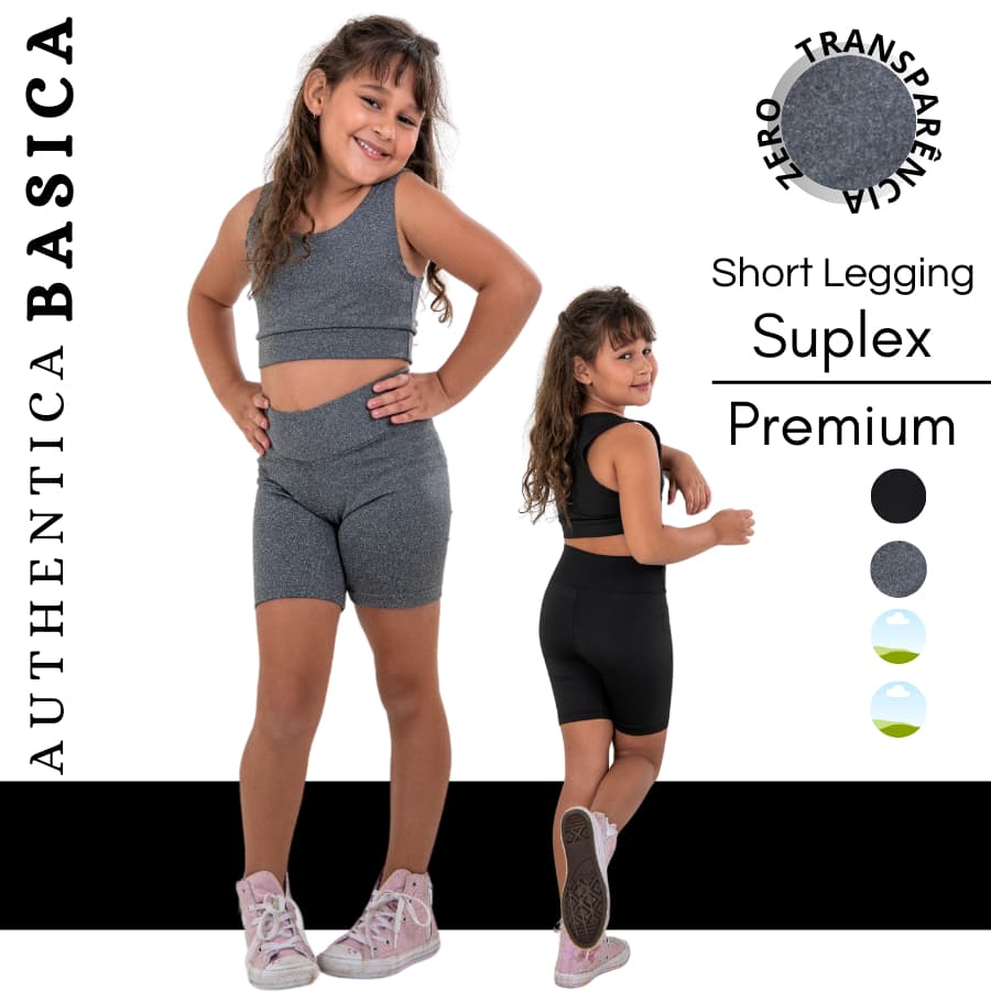 Conjunto Legging Infantil Short Cós Alto + Top  Sem Bojo Criança Menina Uniforme Escolar Esportivo