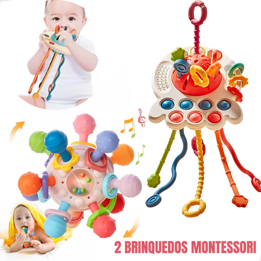 Chocalhos Mordedor Kit 2 Brinquedos Montessori Sensorial Bebê Macio Infantil Com Texturas Educativo