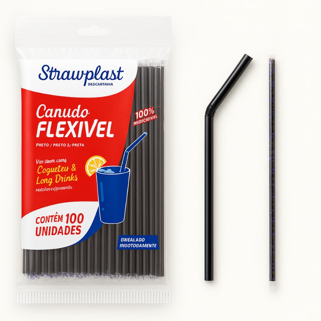 Canudos Flexíveis com Sachês individuais Diâmetro de 6mm Pacote com 100 unidades Strawplast