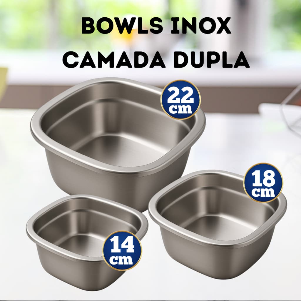 Bowl Inox Luxo Tigela Profissional Camada Dupla Bacia Saladeira Tigela 14, 18, 22 cm