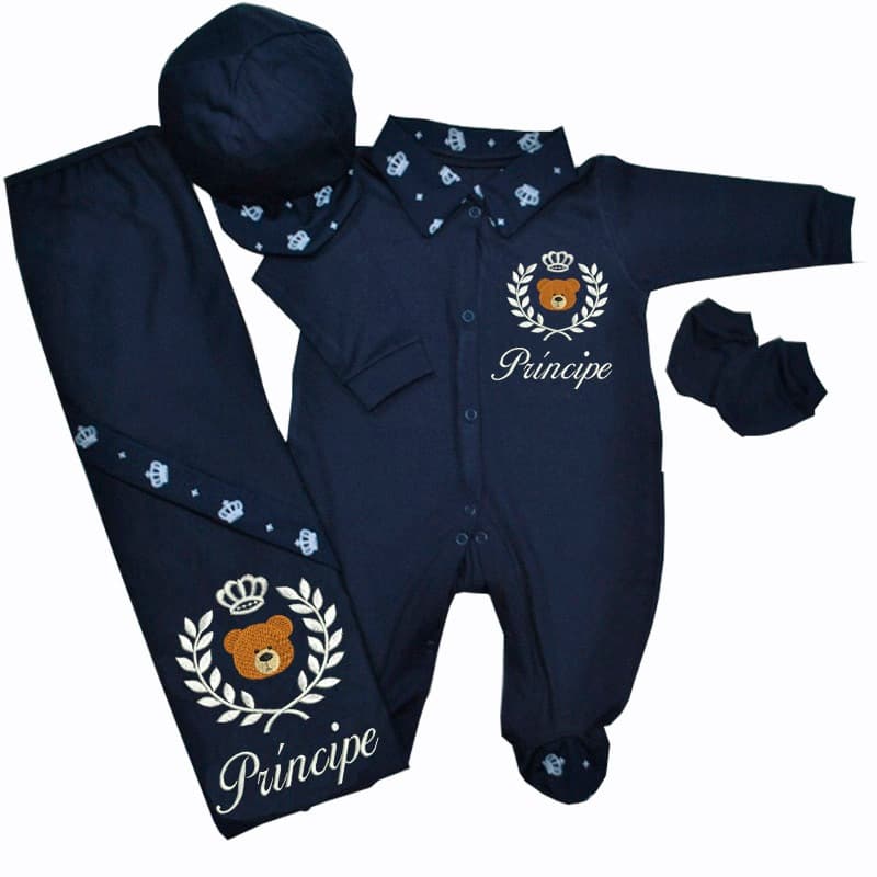 Saída Maternidade Bebê Menino Urso Príncipe 04 Peças 100% Algodão