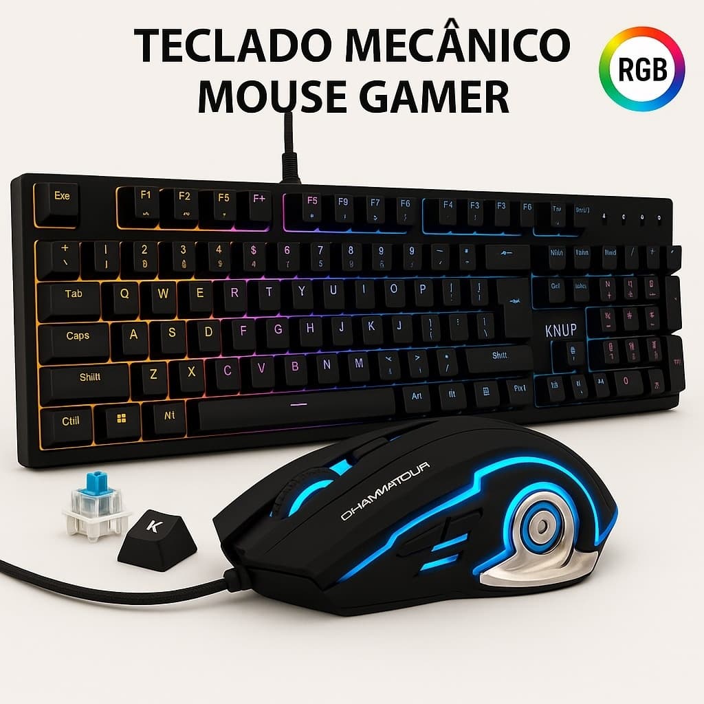 Kit Teclado Mecânico Mouse Gamer Switch Led Rgb 7 Cores Anti Ghosting Usb Pc Computador Notebook