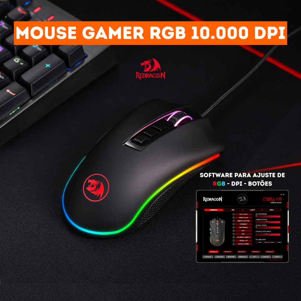 Mouse Gamer Com Luz Led Redragon Cobra Chroma M711 V2 RGB 10000 DPI 7 Botões Preto Original