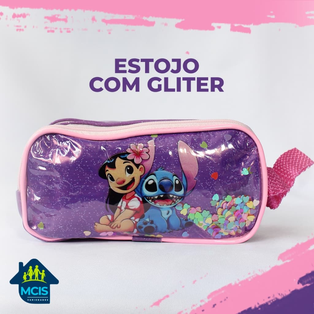 Estojo Escolar Infantil Duplo com glitter de Diversos Personagens