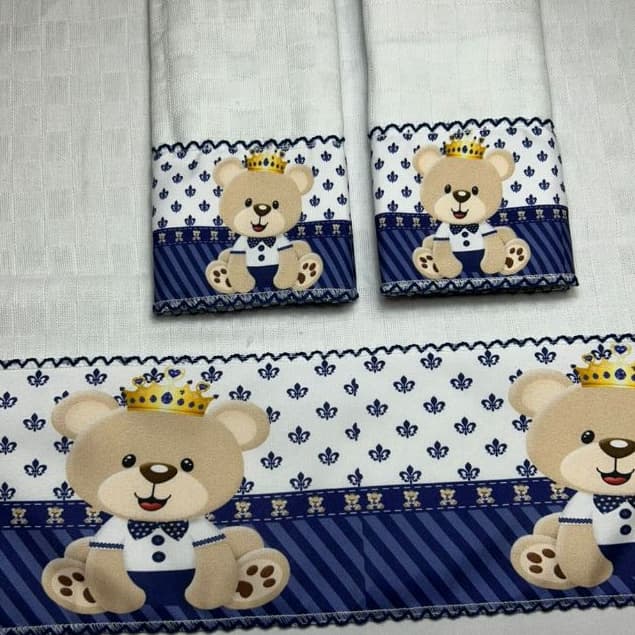 Kit 3 Fraldas Bebê 1 Ombro 70x70 e 2 Boca 32x32 com Barra Sublimada e Bico Picueta