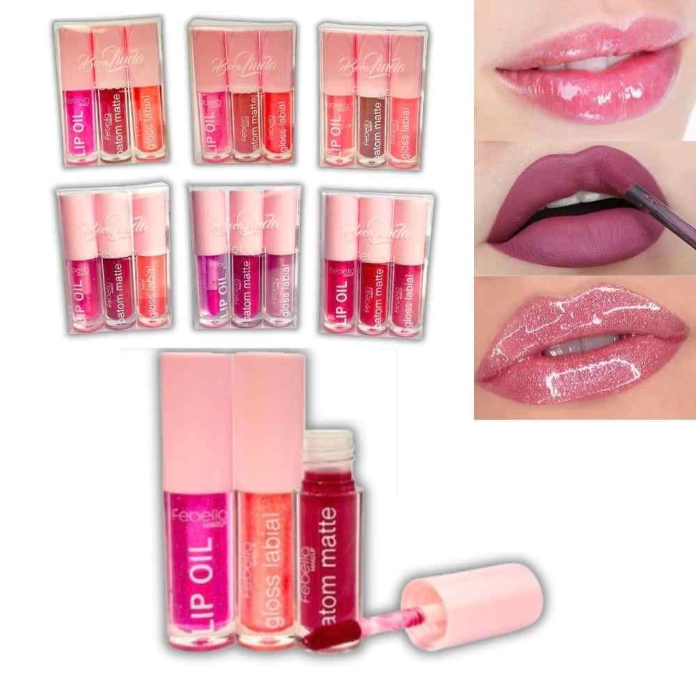 Kit Batom Matte + Gloss Brilho Labial + Lip Oil Hidratante Boca Linda Febella