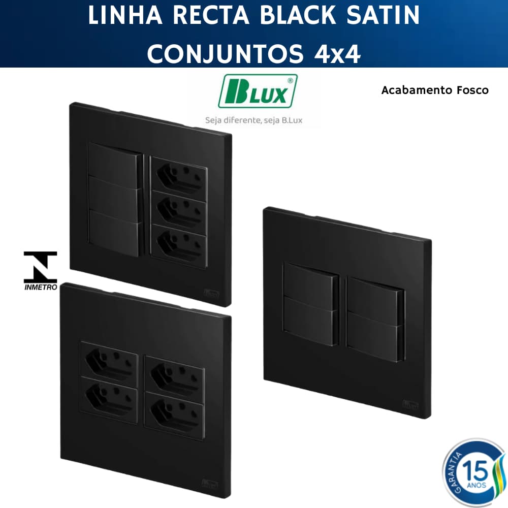 Tomada 10a 20a Interruptor Simples Paralelo Conjunto 4x4 Completo Preto Fosco Recta Blux