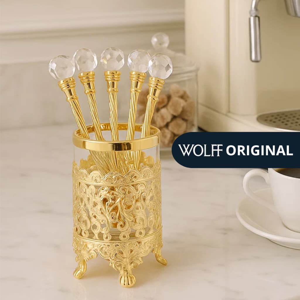 Cj 6 Colheres Luxo com Suporte de Zamac Dourado 14cm - Wolff Original