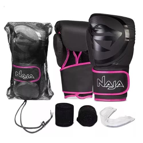 Kit Luva Boxe e Muay Thai + Bandagem + Bucal Naja Black Line 2,5m