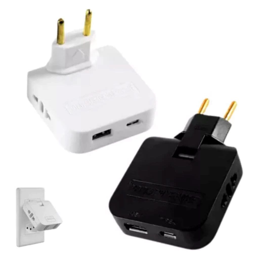 Adaptador Tomada Benjamim T Com Entrada USB Articulável e Tipo C