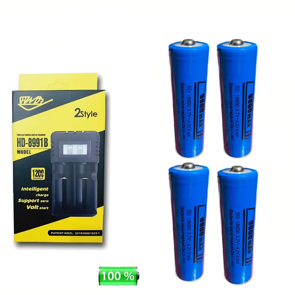 Carregador Duplo + 4 Bateria Recarregável 18650