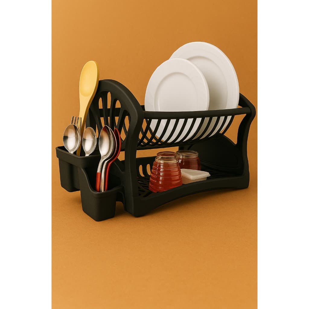Escorredor Duplo de Louças 13 Pratos, Porta Talher e Copo Para Cozinha Preto