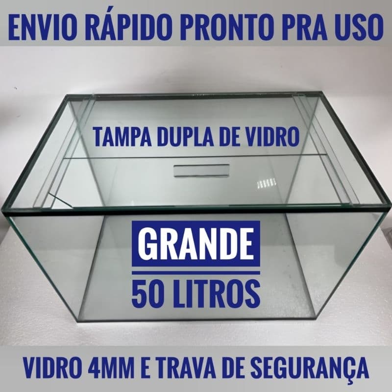 aquário 50 litros grande e reforçado com trava 50cmx30cmx35cm em vidro transparente com tampa de vidro partida