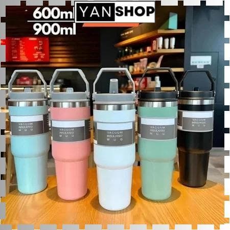 Garrafa Térmica 900ML Com Alça Flip Tumbl Aço Inoxidável Isolamento Térmico Com Canudo P/ Academia Trabalho Caminhada