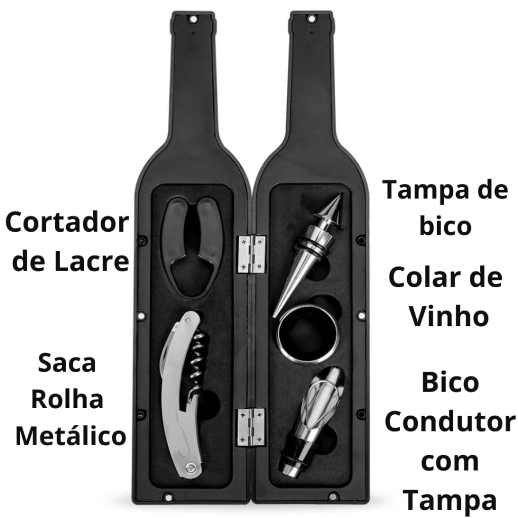 Kit Vinho Garrafa 5 peças Saca Rolhas, Colar de Vinho, Bico Condutor com Tampa