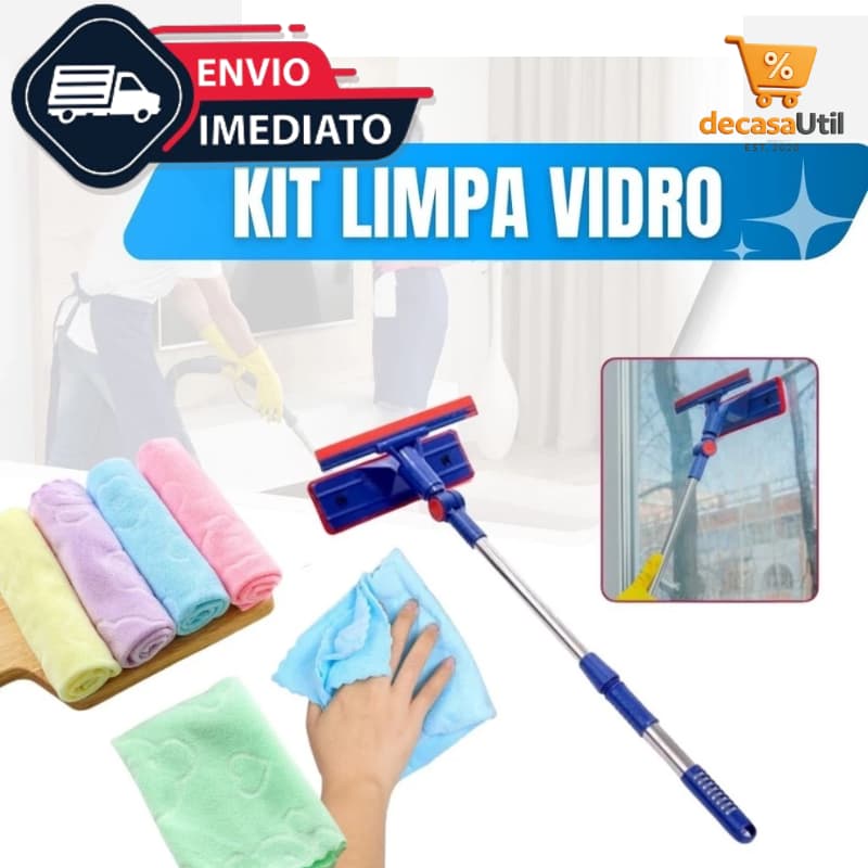 Kit Rodo Mágico Limpa Vidro + 05 Panos de Limpeza de Janelas Esponja 2 Em 1