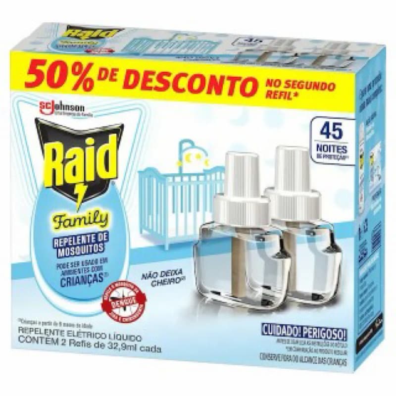 Repelente Líquido Elétrico Raid Family 45 Noites 2 Unidades de 32,9ml cada