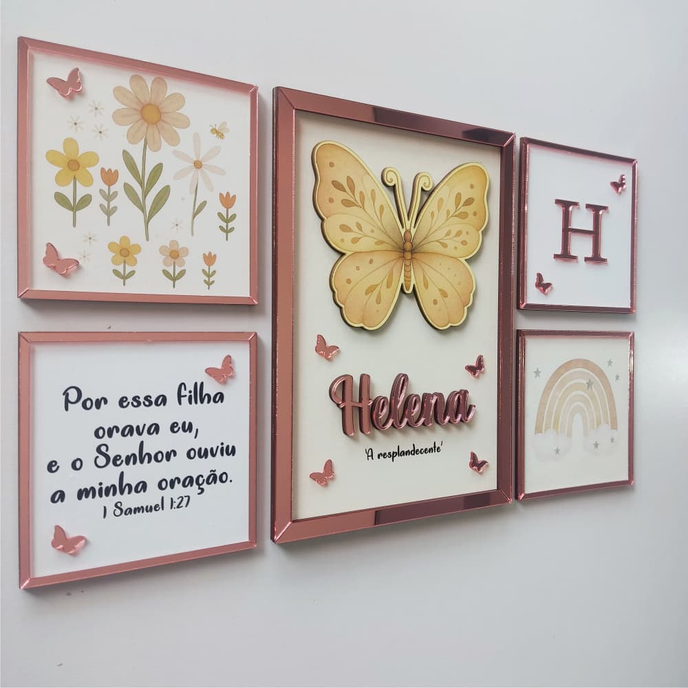 Kit 5 Quadros Decorativos Tema Borboleta com Nome e Versículo - Decoração Quarto Bebê Menina