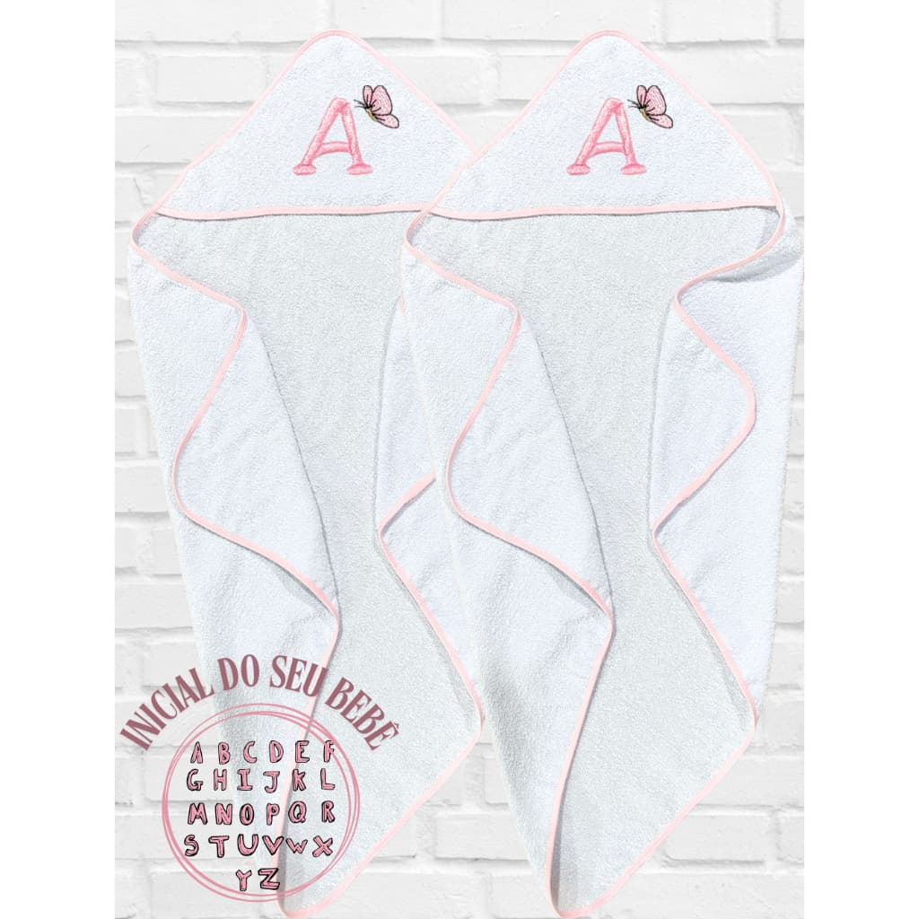 Kit 2 Toalha De Banho Personalizada Inicial Nome Do Bebe C/ Capuz Menino Menina Bordado 100% Algodão