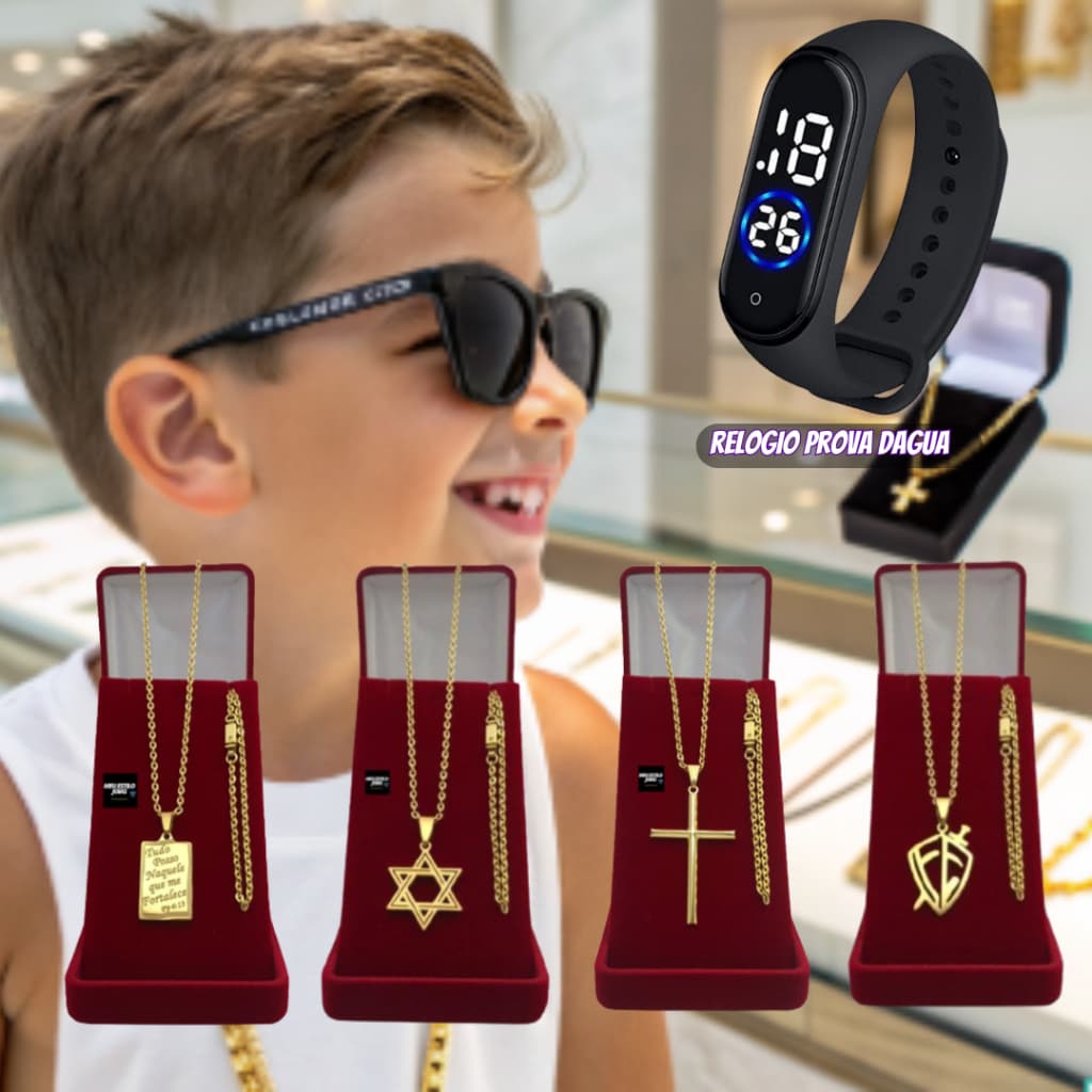 Kit Corrente Masculina Infantil  Banhado Ouro 2mm Com Pulseira e Pingente + Relógio Digital Prova Dagua Banhado Ouro 18k