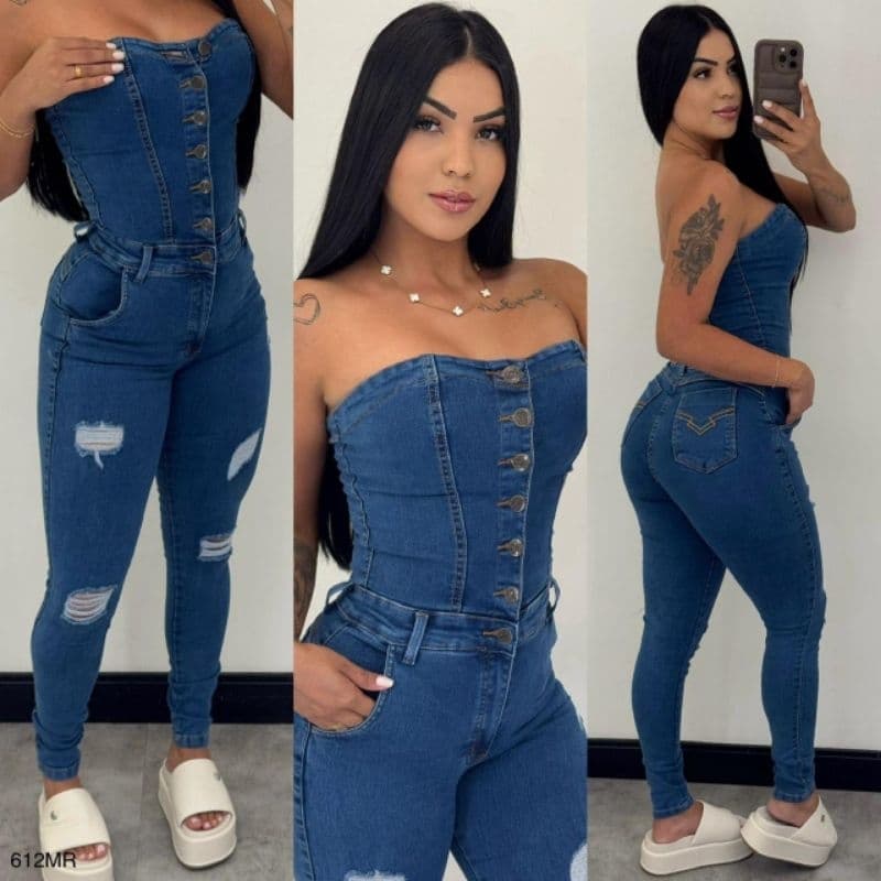 Macacão feminino jeans tomara que caia com lycra pimenta original