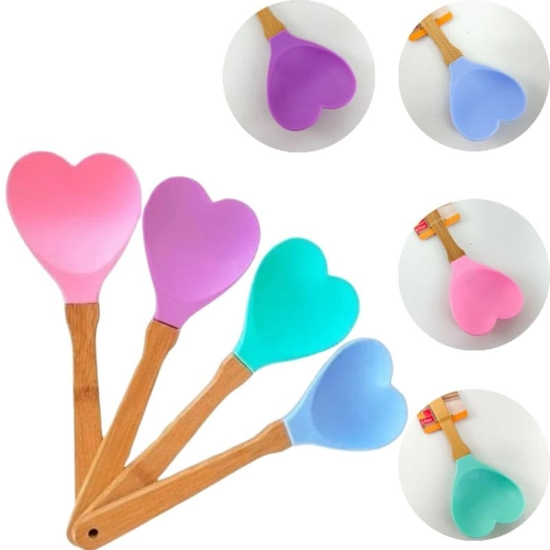 Utensílios Color Candy Colher Espátula Coração silicone cabo Madeira Cozinha Anti-aderente kit ou Pç