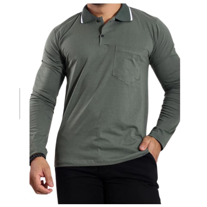 Camiseta Gola Polo Manga Longa Lisa Masculina Fio 30.1 100% Algodão Básica