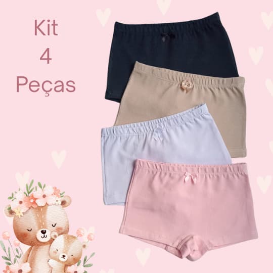 4 Calcinha Shorts Segurança Box Boxer Menina Bebe Tapa Fralda Malha Cottom Premium Desfralde Neutras