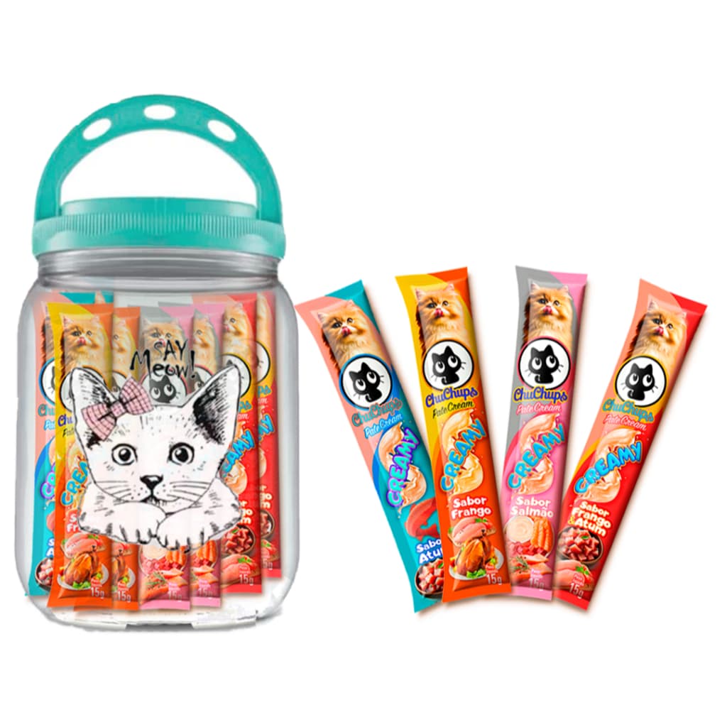 Petisco Para Gatos ChuChups Cream Pote Personalizado com 24 Tubos de 15g Tipo Churu e Truly