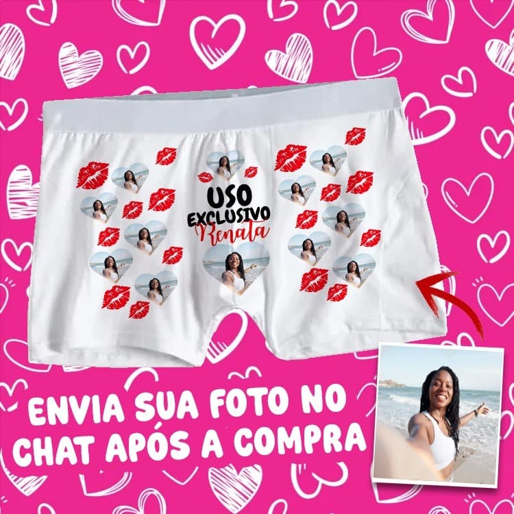 Cueca Personalizada com Foto Coração Beijos  Presente Namoro Casamento