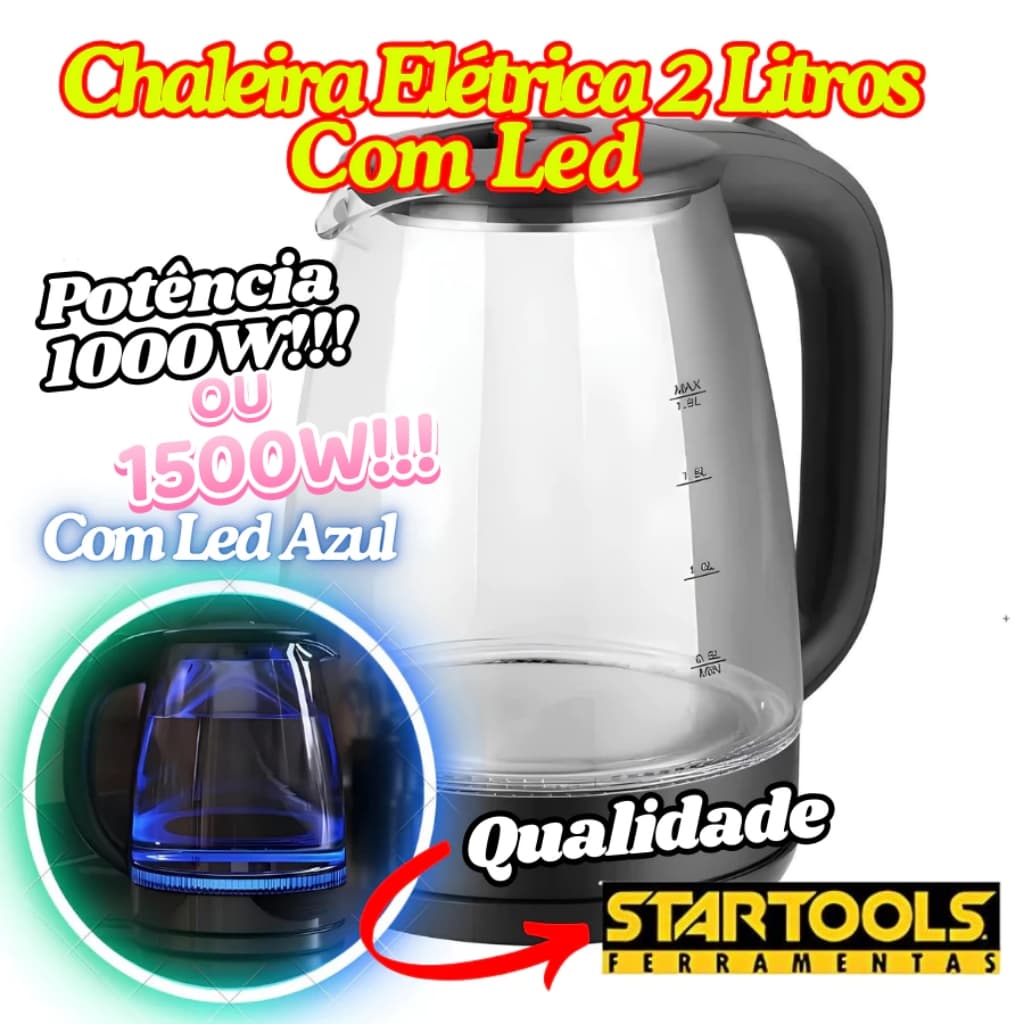 Chaleira Jarra Elétrica De 2 Litros Vidro Com Potência De 127V OU 220V Com Luz Led Azul Startools Prática