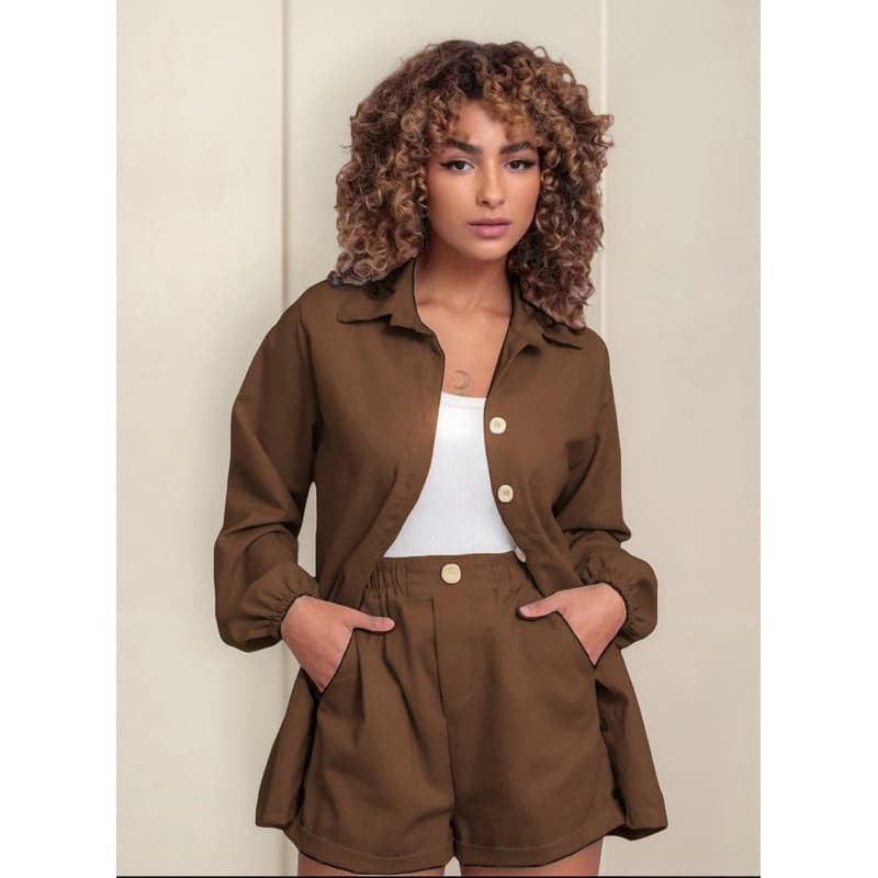 Conjunto Linho Camisa manga longa botões e short casual, colarinho inverno frio blazer Pastel