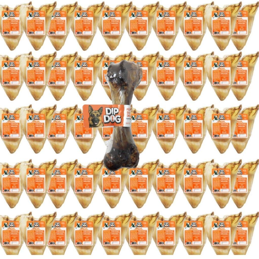 Kit 50 Mordedores Orelha Bovina Desidratada Para Cães Dipdog + BRINDE 1 FEMUR SUINO