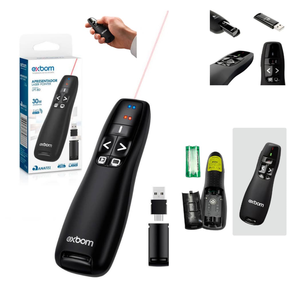 KIT APRESENTADOR PASSADOR DE SLIDES SEM FIO LASER ALCANCE 200M 2.4G CONTROLE 30M ALCANCE PROFISSIONAL RECEPTOR USB