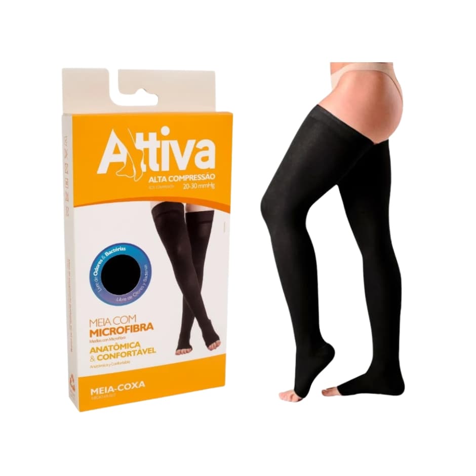 Meia Coxa 7/8 Attiva Alta Compressão 20-30mmHg Cor preta Ponteira Aberta