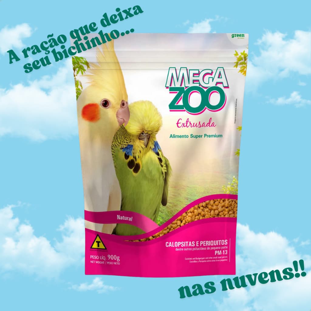 Ração Super Premium Megazoo Extrusada 900g Calopsitas e Periquitos PM13 Alimento Passaros e Aves