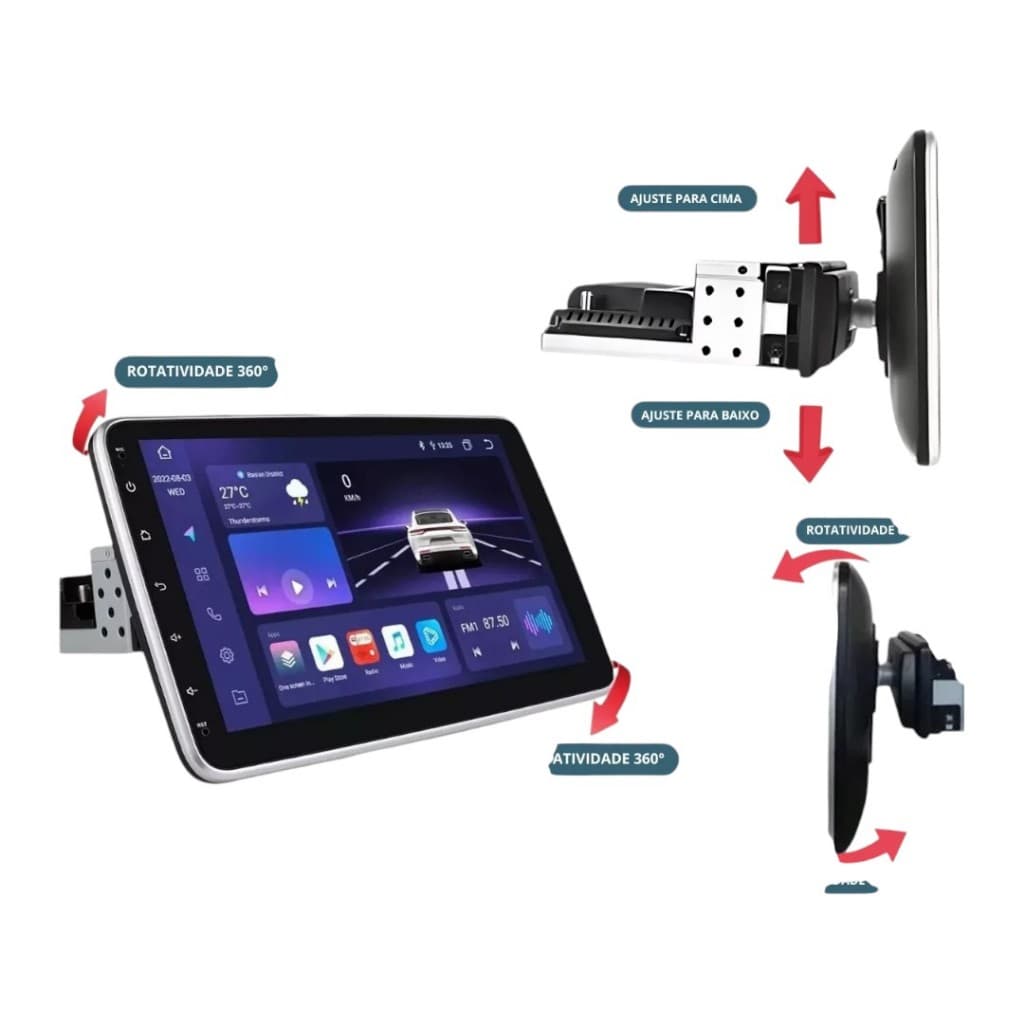 Central Multimídia Android 1DIN 10,1'' - 2GB RAM, 32GB Armazenamento, Carplay, Bluetooth, GPS, Rotativa 360° NO BRASIL