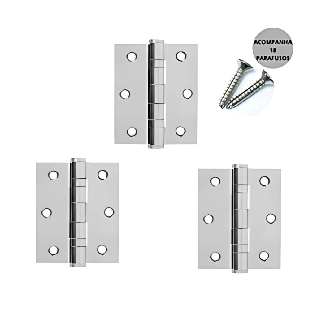 Kits Dobradiças Aço Inox N-304 com Parafusos Reforçadas Porta Madeira 3/6/9/12UN Soutimes