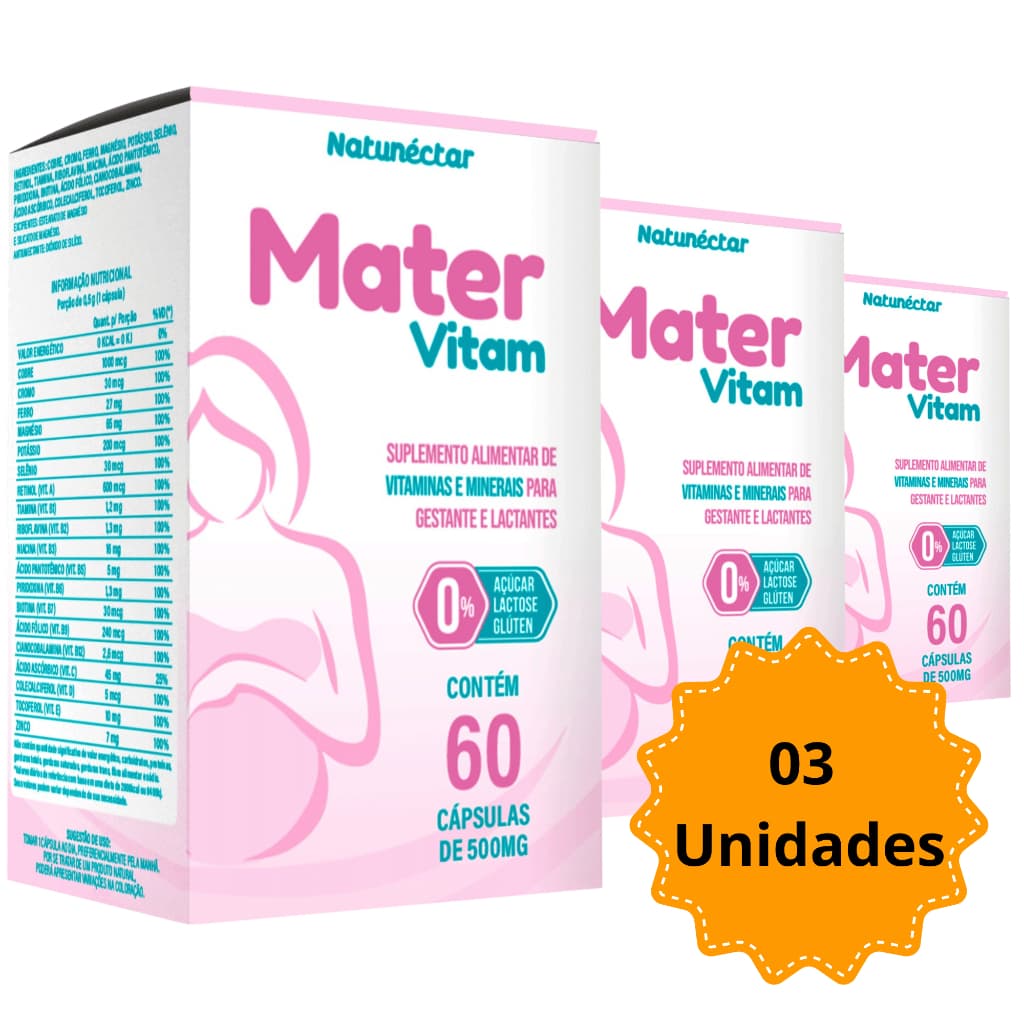 KIT 03 Un Mater Vitam 500MG 180 Cápsulas Multivitamínico Gestante Grávida Suplemento Natunéctar